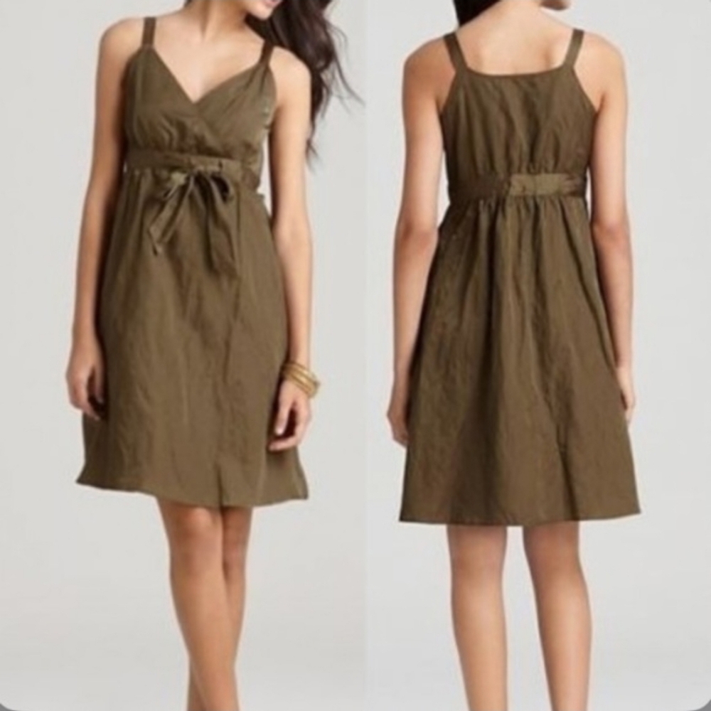 Eileen Fisher Olive Green Satin Sundress Metallic Faux Wrap Dress Size 16